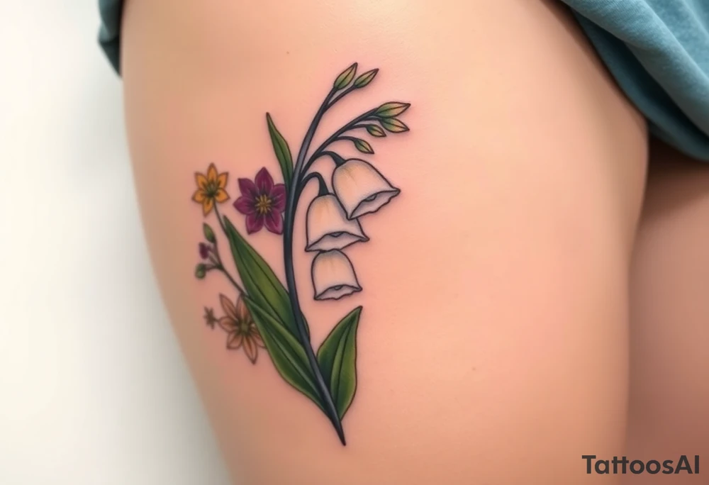 White lily in the valley bells with other different colored lilies surrounding tattoo idea