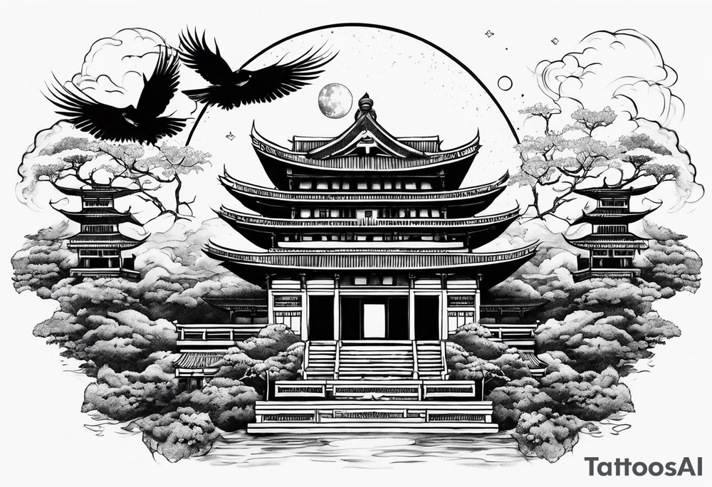 Classical temple crow moon ruins tattoo idea