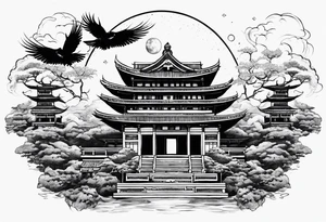 Classical temple crow moon ruins tattoo idea