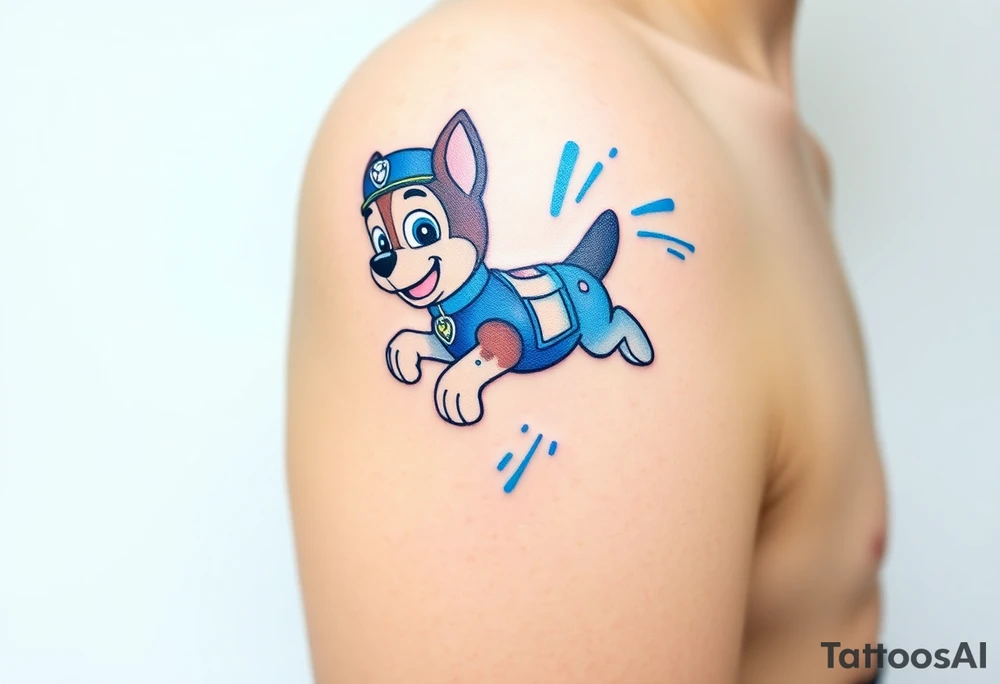 A dynamic silhouette of Paw Patrol member Chase in mid-leap, surrounded by blue energy lines, creating a sense of speed. tattoo idea