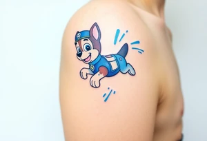 A dynamic silhouette of Paw Patrol member Chase in mid-leap, surrounded by blue energy lines, creating a sense of speed. tattoo idea