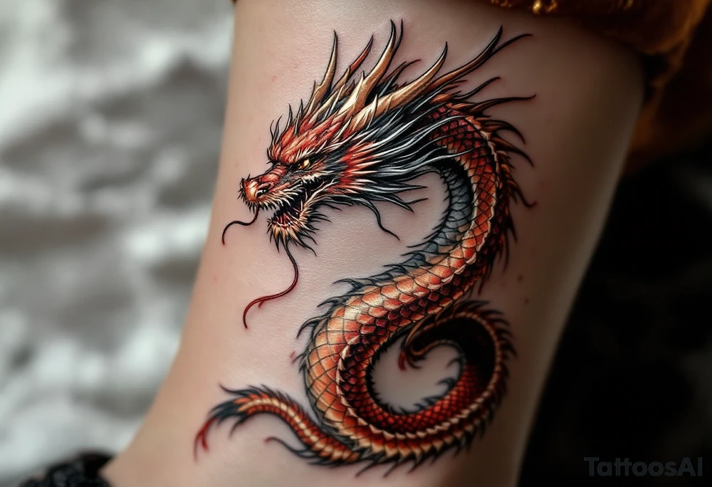 A 3D dragon wrapping around the leg, scales shimmering in metallic red and gold, looking as if it’s breathing fire. tattoo idea