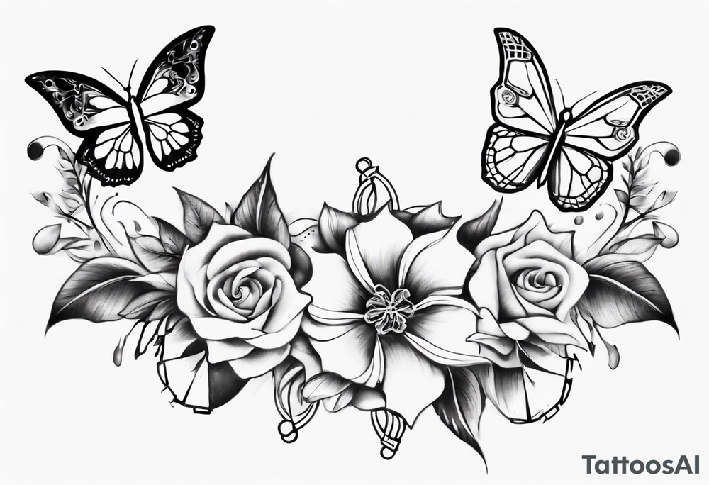 Ankle bracelet tattoo with flowers and butterflies and larger in the centre tattoo idea