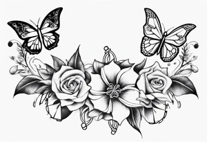 Ankle bracelet tattoo with flowers and butterflies and larger in the centre tattoo idea