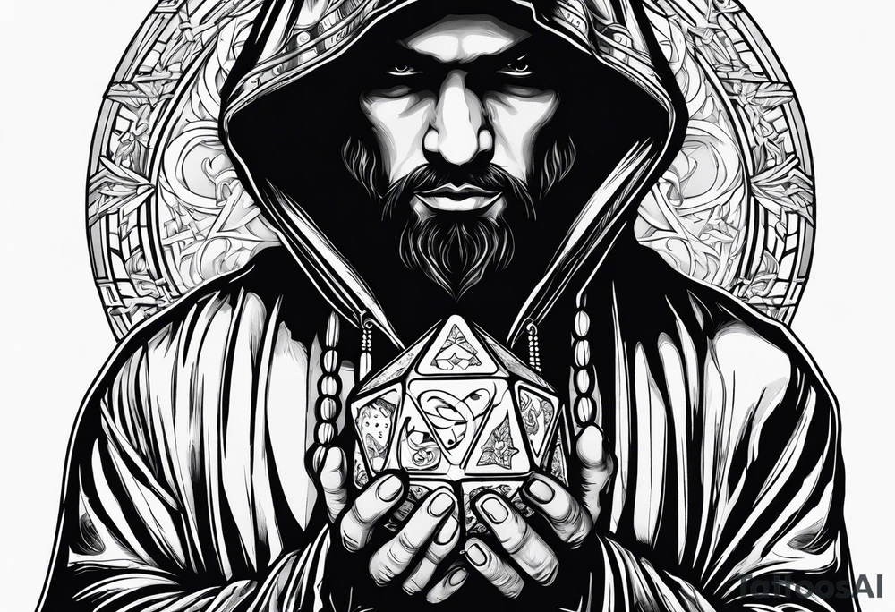 hooded figure holding a d20 tattoo idea