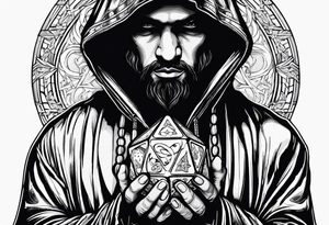 hooded figure holding a d20 tattoo idea