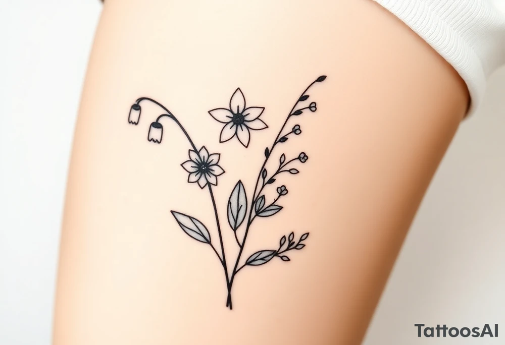 Simple small design in black bunch of flowers individual stems 1 lily of the valley 1 daffodil 1 December holly 1 larkspur tattoo idea