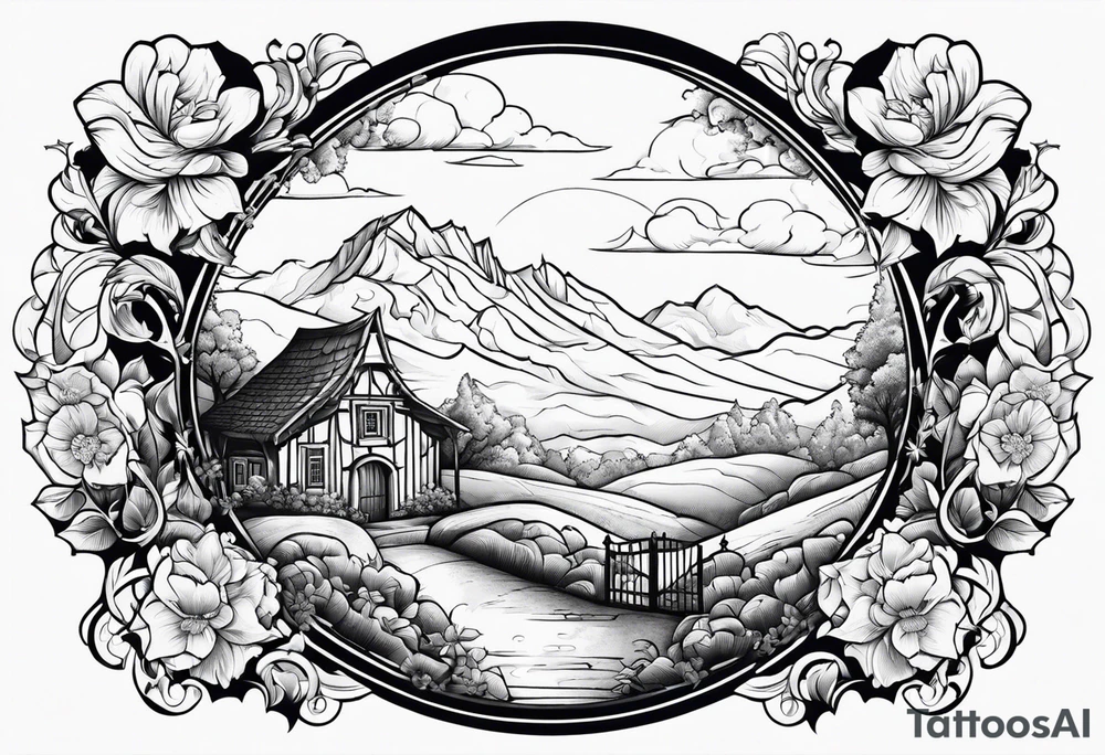 night medieval houses mountains garden gate entrance
in circle vignette surrounded by clouds floral tattoo idea