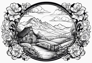 night medieval  houses mountains garden gate entrance 
 in circle vignette surrounded by clouds floral tattoo idea