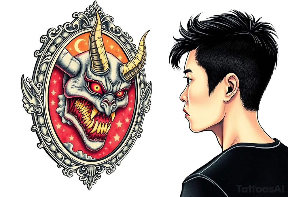 Handsome Asian young guy is looking in cursed mirror and see a demon tattoo idea