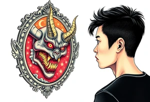 Handsome Asian young guy is looking in cursed mirror and see a demon tattoo idea