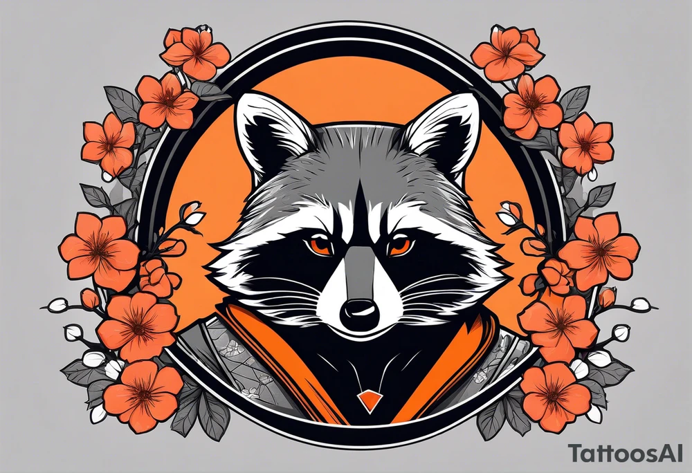 Raccoon wearing a white Superman logo on a black hoodie and orange Japanese cherry blossoms beside tattoo idea