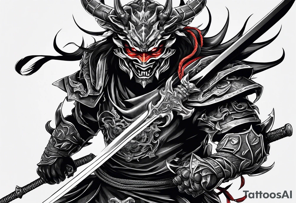 Angry demon Modern robot ninja with demon mask with swords in hands fighting dragon tattoo idea