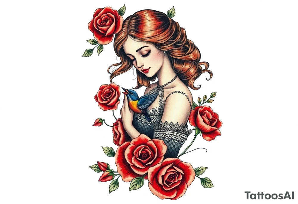 Vintage dollies, red roses, lace, red bird, no people, vintage, wrap around tattoo idea