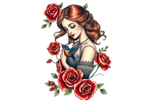 Vintage dollies, red roses, lace, red bird, no people, vintage, wrap around tattoo idea
