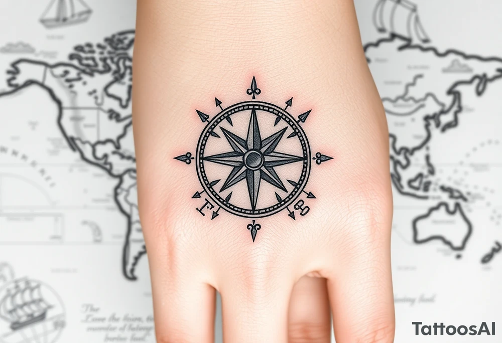 antique compass rose overlaid on weathered world map with sailing ships tattoo idea