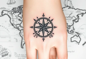 antique compass rose overlaid on weathered world map with sailing ships tattoo idea