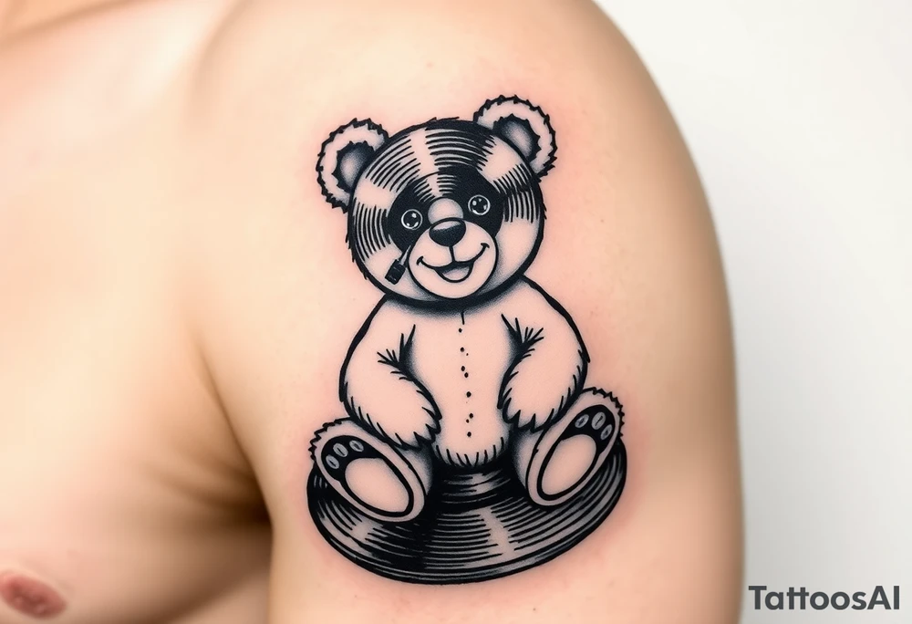 minimalist teddy bear with vinyl records as eyes smiling and sitting on a record tattoo idea