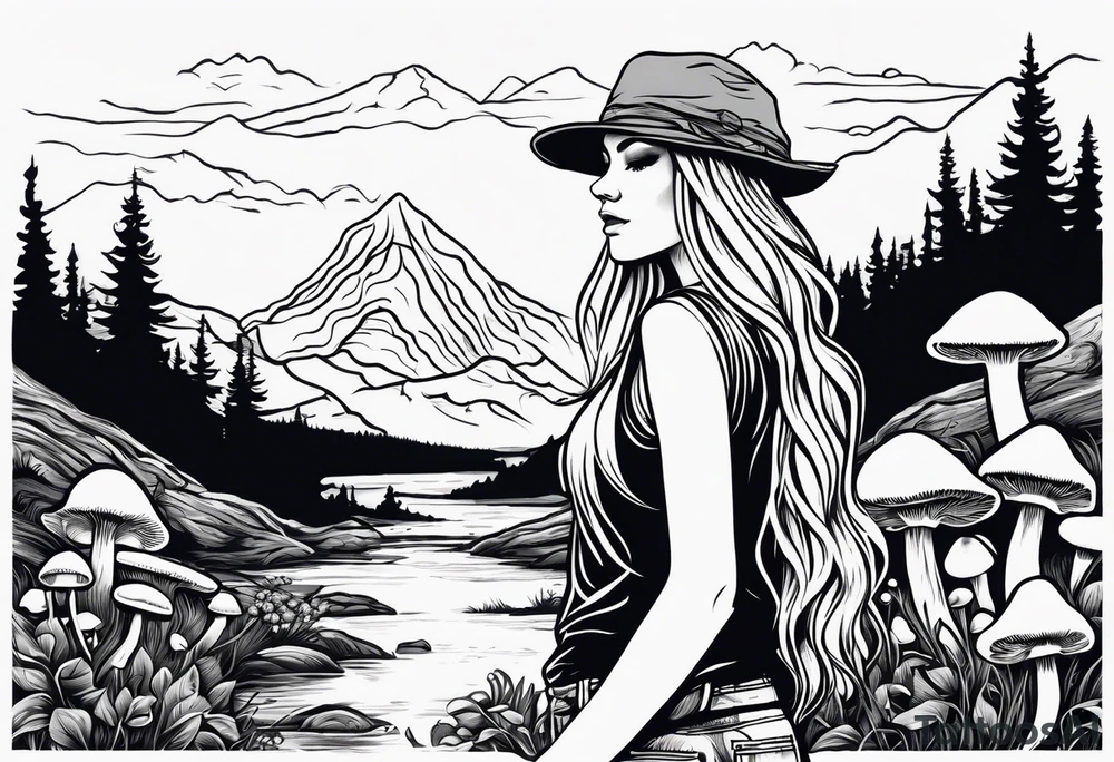 Straight long blonde hair hippie girl in distance holding mushrooms in hand facing away toward mountains and creek surrounded by mushrooms tee shirt and hiking pants tattoo idea