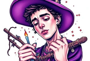 Young guy is exploring witch supplies, tools, equipment tattoo idea