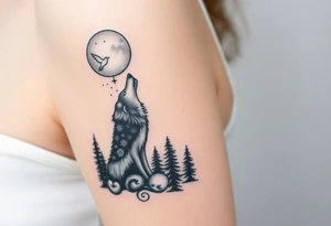 Lone wolf howling at the moon stars in the night sky in a forest with a little dove in the sky tattoo idea