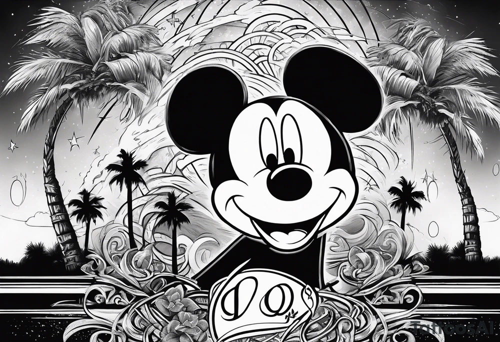 mickey mouse in a lightning storm with palm trees and the celtic symbol for family tattoo idea