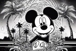 mickey mouse in a lightning storm with palm trees and the celtic symbol for family tattoo idea