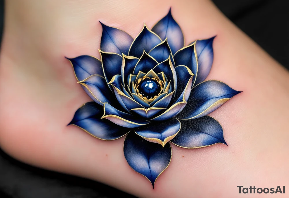 A deep indigo lotus flower with a central eye and subtle gold highlights around the petals. tattoo idea