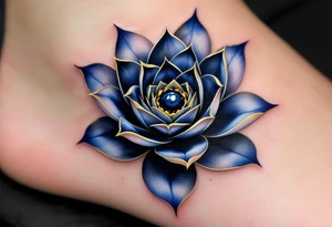 A deep indigo lotus flower with a central eye and subtle gold highlights around the petals. tattoo idea