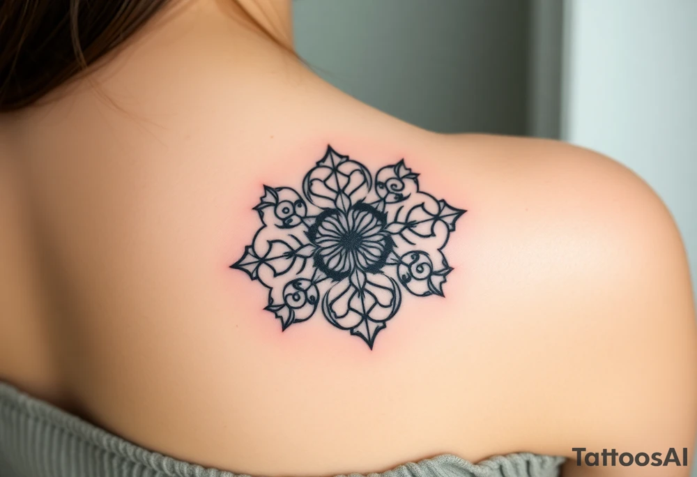 5 Geometric floral circles connected to reflect family unity. Two base elements for my husband and I, intertwined floral patterns like mirrored vines or spiral paisleys representing our identical twins, and a Gemini zodiac sign for my son. Use feminine-yet-bold linework and Interconnected elements tattoo idea