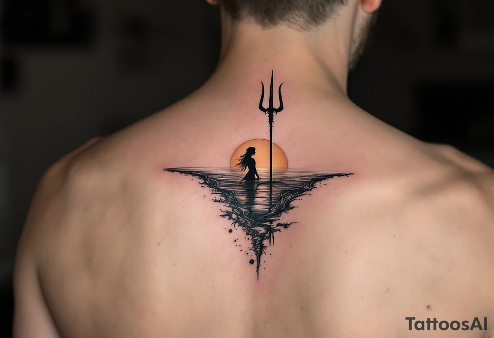 trident half way under calm water with sunset and mermaid tattoo idea
