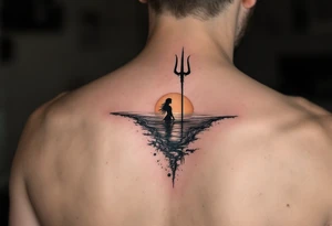 trident half way under calm water with sunset and mermaid tattoo idea