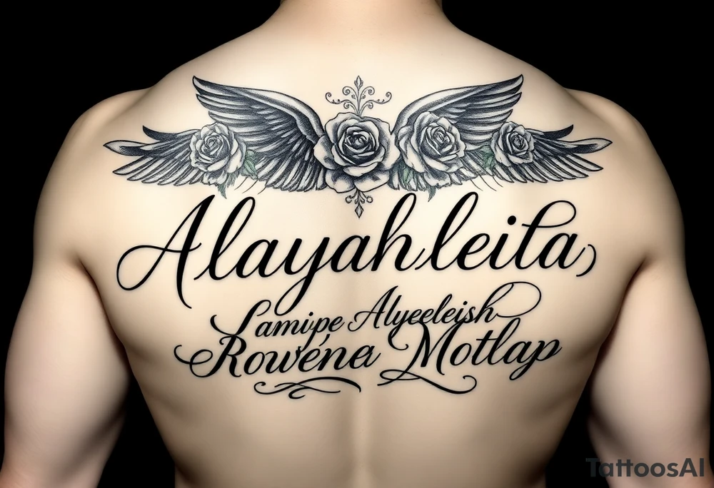 Create a bold and seductive upper back tattoo design featuring the name “Aalayahleigh Marita Layeleisha Rowena Motlap” in elegant cursive script. The lettering should flow smoothly across the upper back with a luxurious and masculine aesthetic. Add fine-line roses, dark angel wings fading behind the text, subtle smoke shading, and glossy chrome-style highlights to make the tattoo look hot, powerful, and romantic. Include intricate shadow work and detailed calligraphy with a black-and-grey realistic style. The design should feel sexy, premium, and eye-catching, with a balance of softness and dominance. Make the name the centerpiece with dramatic curves and artistic flourishes extending naturally across the shoulders. tattoo idea