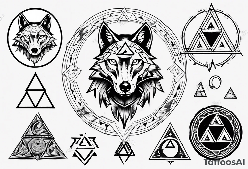 wolf head with triforce on forehead and circle in the background tattoo idea