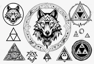 wolf head with triforce on forehead and circle in the background tattoo idea