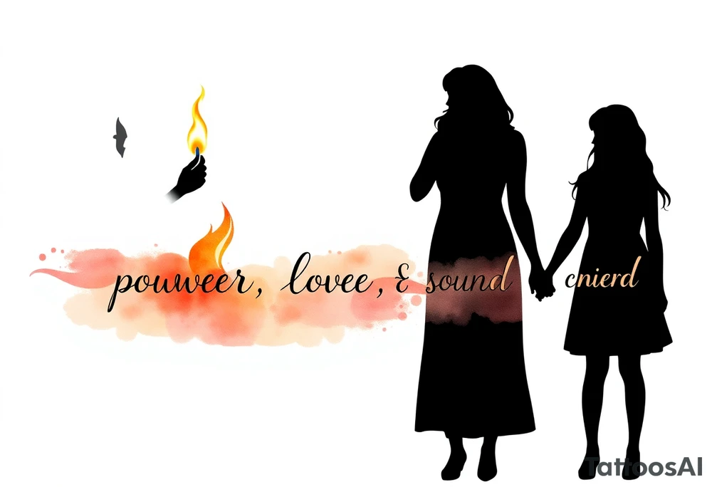 Silhouette of grandmother, mother and daughter passing a flame from oldest to youngest with the flame growing as it goes. Make the flame in watercolor motif and the silhouettes simple. Incorporate the words power, love and sound mind. Or 2 Timothy: 5-7 tattoo idea