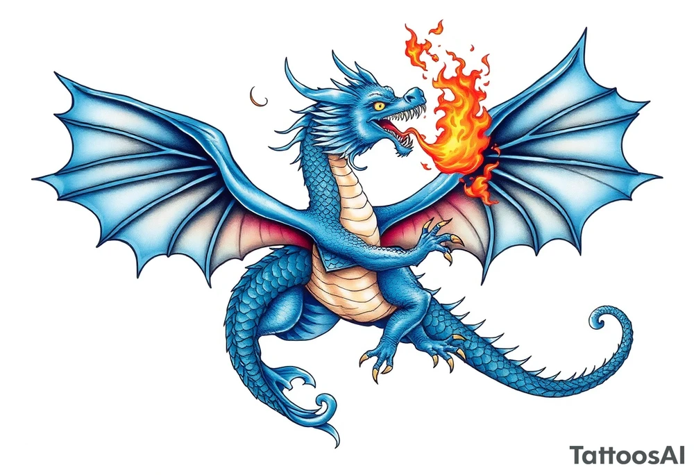 Blue fire breathing dragon with wings spread tattoo idea