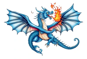Blue fire breathing dragon with wings spread tattoo idea