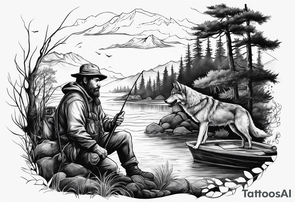 a fisherman with a wolf on a bank tattoo idea