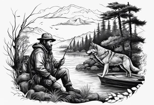 a fisherman with a wolf on a bank tattoo idea