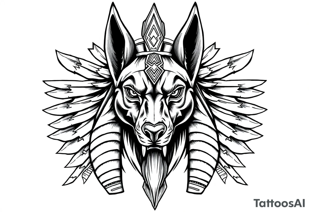 Egyptian Anubis god face muscle in Egypt style  with mantle on head

dog face surrounded Egyptian symbols based on elements tattoo idea