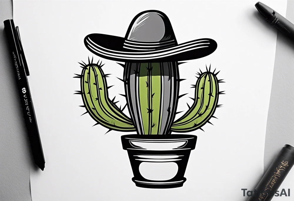 Cactus in a pot wearing a sombrero black and grey tattoo idea