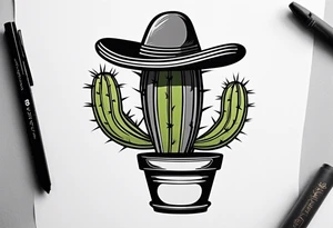 Cactus in a pot wearing a sombrero black and grey tattoo idea
