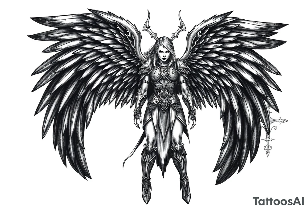 A fierce looking Valkyrie with very big dark wings. The whole body with legs should be visible.
She has armor.

In the background there is a viking shield on the left side and a vegvisir symbol on the right tattoo idea