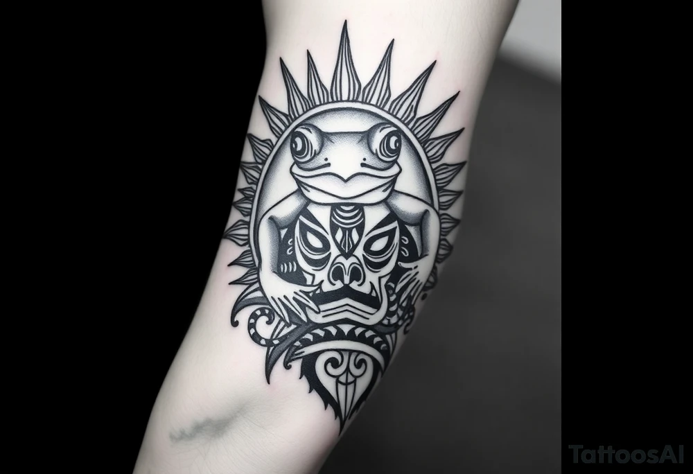 [ Elbow Cap ]
↑   Sun with tribal rays wrapping around
↑   Shark tooth band & wave divider
↑   Central panel: Coquí frog in tribal style
↑   Spiral swirl (Taíno) near vein-side
↑   Marquesan-style fish scale panel
↑   Zemi spirit mask or face
↑   Spearhead band near wrist
[ Wrist ] tattoo idea