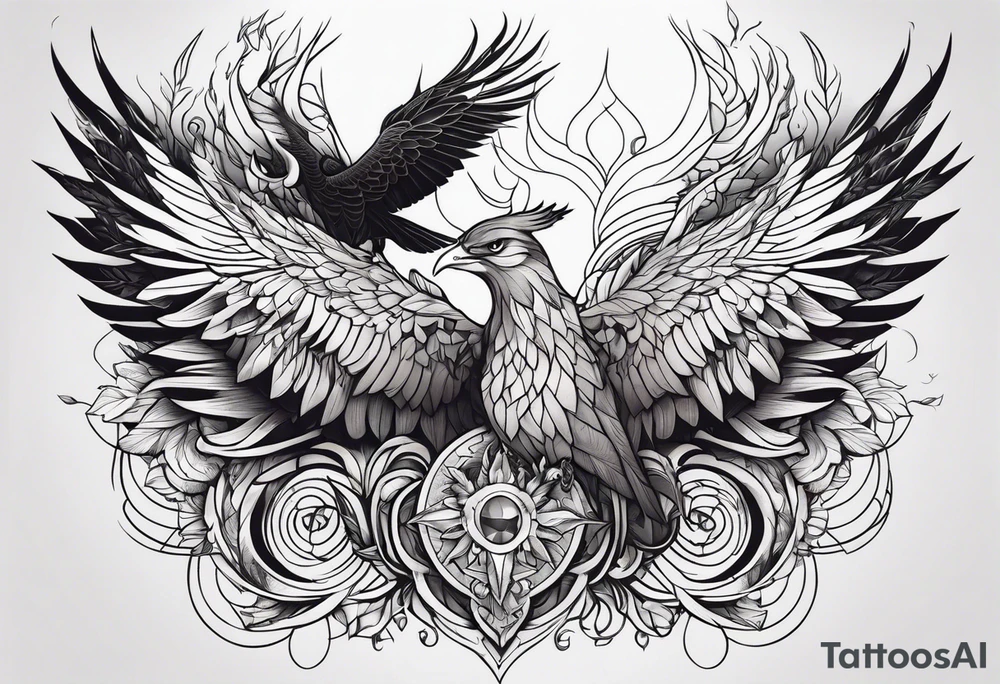 Phoenix with Raven and Tiger on left side and deer and owl on right tattoo idea