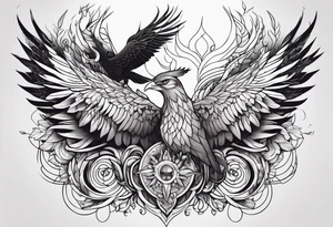 Phoenix with Raven and Tiger on left side and deer and owl on right tattoo idea