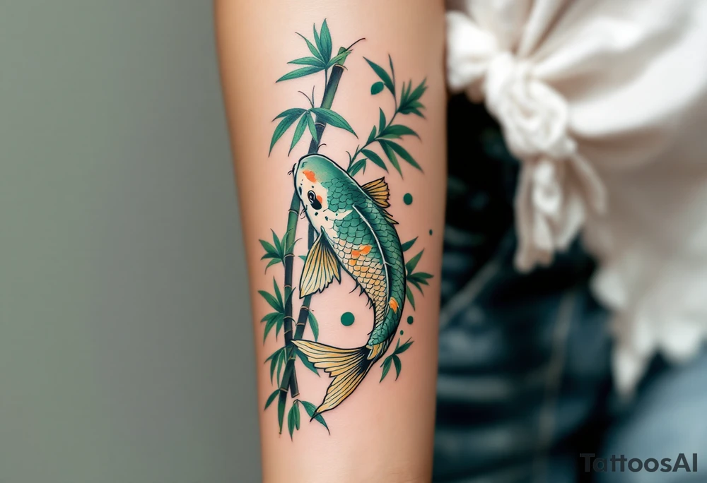 Green Koi with Bamboo Leaves – A rare green koi fish swimming past bamboo stalks and floating leaves, symbolizing resilience and flexibility. tattoo idea