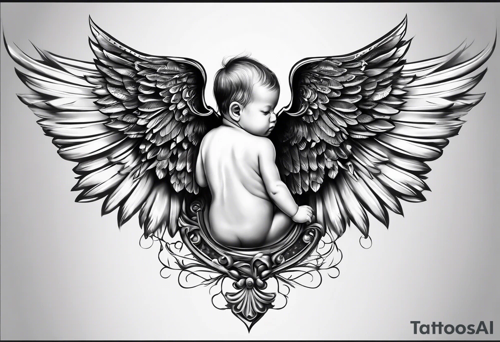 baby with one angel wing. Sided view so that we see only one wing. Name Leah written under in gothic letters. tattoo idea