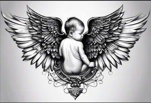 baby with one angel wing. Sided view so that we see only one wing. Name Leah written under in gothic letters. tattoo idea